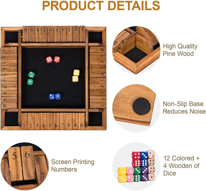Shut The Box Dice Game with 16 Dice,1-4 Players Wooden Board Table Math Game for Kids Adults, Classic Dice Board Game for Classroom,Home,Party or Pub（12 inches）