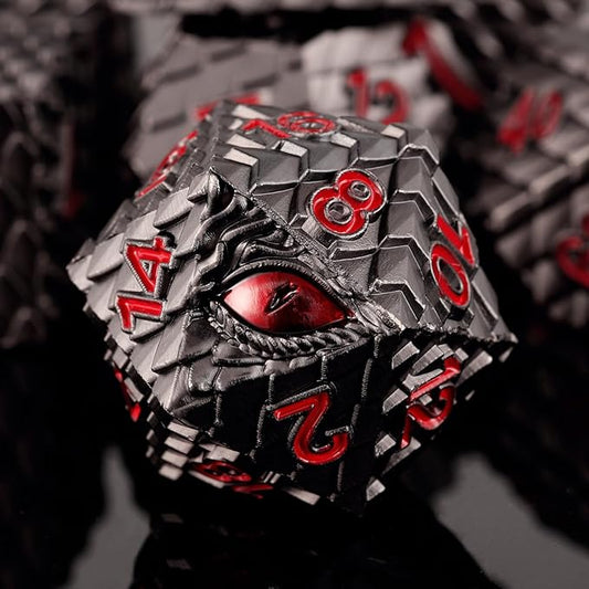 Metal Dice Set D&D,7 PCS Dragon Scale Metallic DND Dice Set,Dragon Eye Metal Dice with Gift Metal Box for Dungeons and Dragon Tabletop Game (Black Dragon Scale & Red Eye)