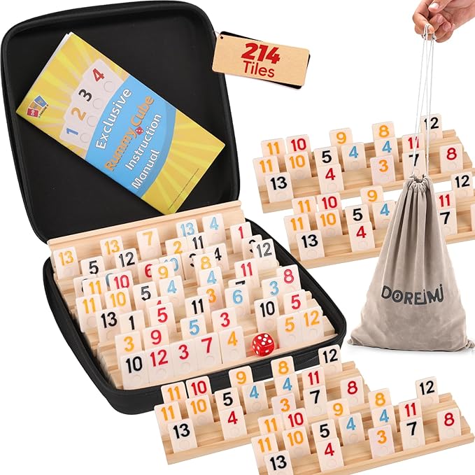 Upgraded Rummy Cube Game Set 6-8 Players with 8 Wooden Racks & 214 Rummy Tiles | Travel & Family Board Game for Adults and Kids