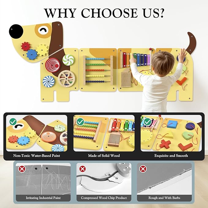 Dog Activity Wall Busy Board Panels, Puppy Montessori Sensory Toys, Sensory Wall Panel for Kids, Wooden Learning Toys, Educational Toy for Toddler Playroom & Children's Daycare