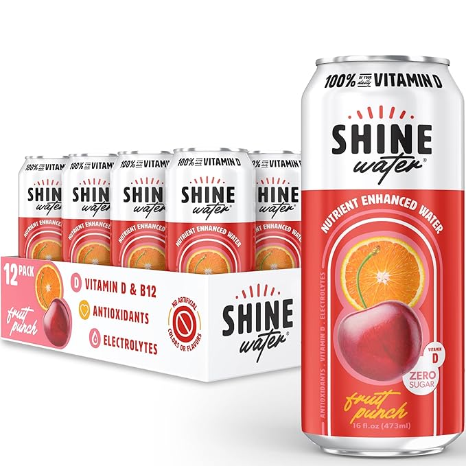 ShineWater Vitamin D Hydration Electrolyte Drink - Flavored water with electrolytes, Sugar-Free, Magnesium, Zinc, Vitamin B12, Folic Acid, Plant-Based, Low Calorie - Fruit Punch Fruit Water 12 Pack