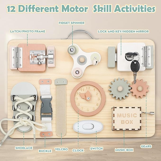 Joyreal Montessori Busy Board for Toddlers - Wooden Sensory Board Activity Board for Fine Motor Skills, Travel Baby Busy Board Sensory Toys for Kids