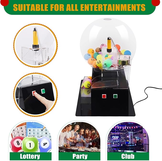 Lottery Bingo Ball Machine, 110v Automatic Electric Acrylic Bingos Cage and Balls Set with Calling Balls, Colorful Chips Bingo Game Sets for Adults Large Group Family