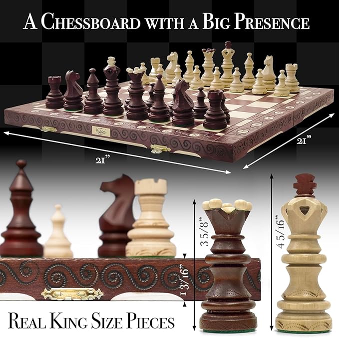 Wegiel Imperator 21-Inch Luxury Wooden Chess Set for Adults and Kids - Handcrafted from Premium Beech and Birch Wood - Unique Folding Design with Chess Piece Storage, Brown