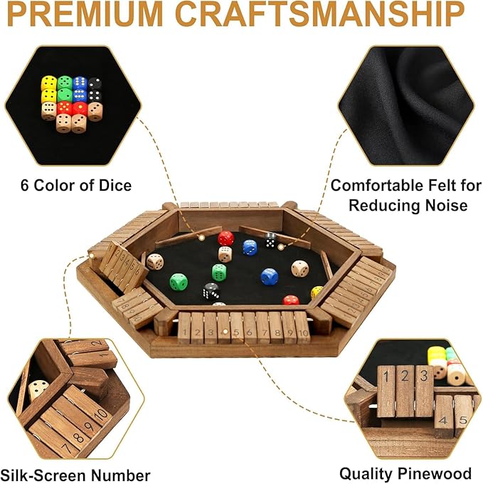 Exqline Shut The Box Game for 2-6 Players, Wooden Board Table Math Game with 14 Dice, 6 Way Classic Puzzle Board Games for Home Classroom or Pub