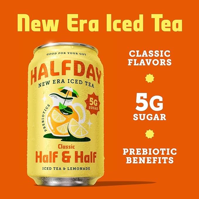 HALFDAY Prebiotic Half & Half Iced Tea Cans, Supports Digestive & Gut Health, 6g Plant Fiber & Prebiotics, Low Sugar, 40 Calories, Real Brewed Tea, Natural Caffeine, Gluten Free, 12 fl oz (12 pack)