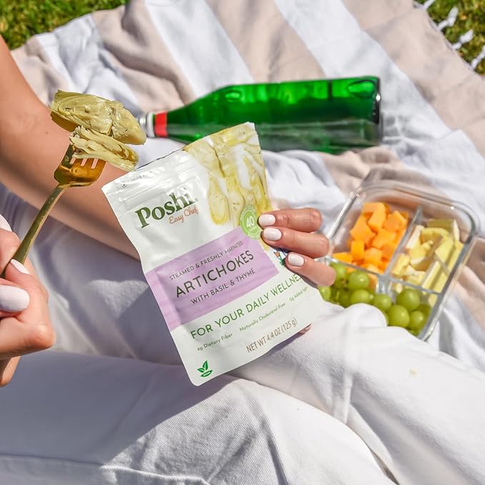 POSHI Marinated Artichoke Hearts with Basil + Thyme Natural, Keto, Vegan, Non GMO, Low Carb + Calorie, Gluten Free Ready to Eat Fully Cooked Vegetables, Pentry Food, Gourmet, Healthy 6 Pack, 4.4 oz