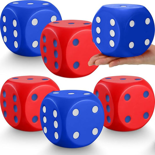 6 Pcs 4" Large Foam Dice Giant Cube with 6 Sided Number Dots Jumbo Soft Slow Big PU Foam Stress Ball for Party Game Math Learning Props Stress Relief Gifts(Red, Blue)