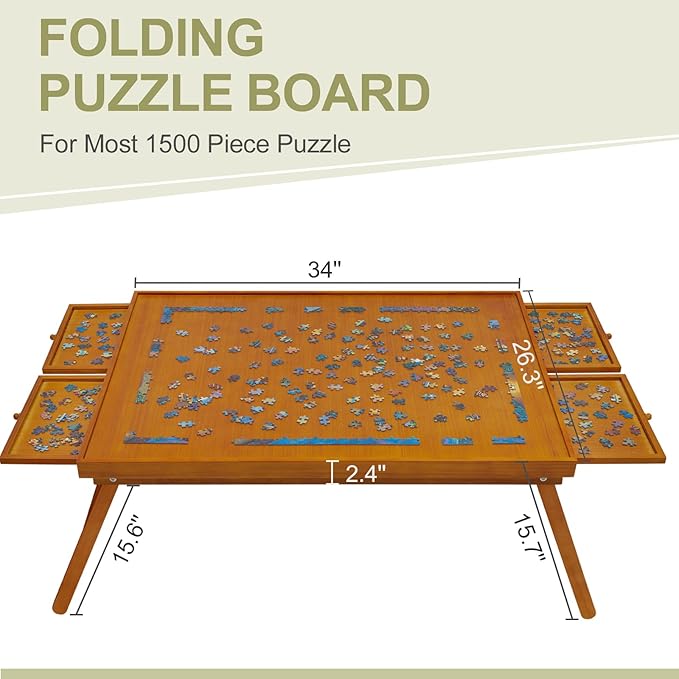 TEAKMAMA 1500 Piece Wooden Jigsaw Puzzle Board with 4 Drawers, Folding Puzzle Table with Protective Cover, Jigsaw Board with Legs, Multifunctional Game Table for Adults, 34W x 26.3D, Brown