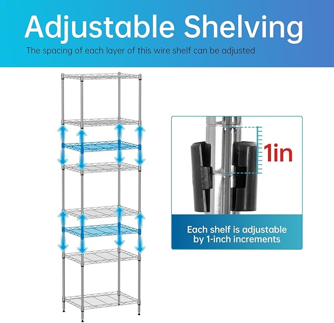6 Tiers Wire Shelving 12" Dx17 Wx64 H Metal Frame Storage Shelves Easy Setup NSF Certified Storage Shelf Rack Shelf with Leveling Feet for Home Garage Kitchen Pantry, Chrome