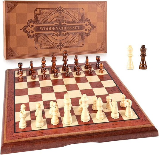 AMEROUS 15'' Magnetic Wooden Chess Set -Folding Board -2 Extra Queens -Chessmen Storage Slots -Gift Package, Travel Chess Board Game Sets for Kids and Adults