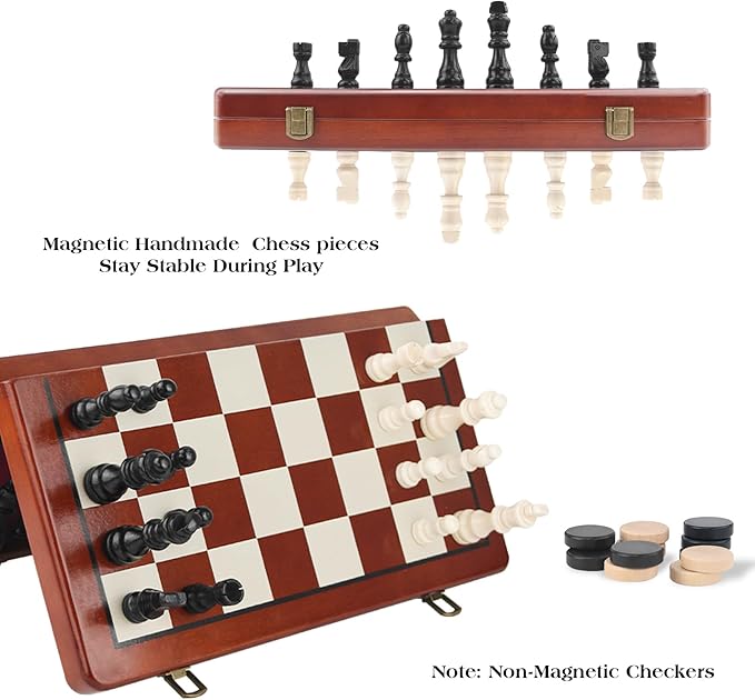 Magnetic Wooden Chess Set & Checkers Board Game - 15" Folding Chess Board, Portable Chess Set for Adults, Classic Wooden Chess Sets for Beginners