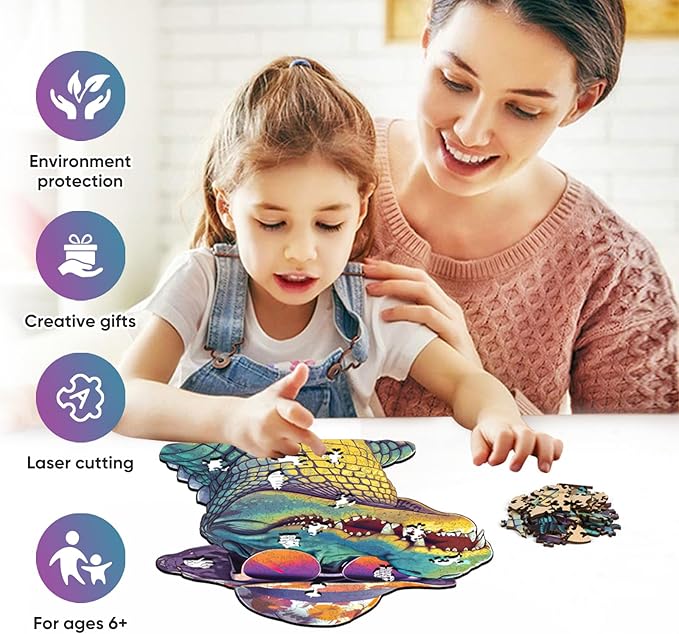 Wooden Puzzles for Adults, Glasses Crocodile Jigsaw Puzzles 200 Pieces Animal Unique Shaped Wood Cut Puzzle Gifts for Adults and Kids, Family Puzzle Games, Medium Size