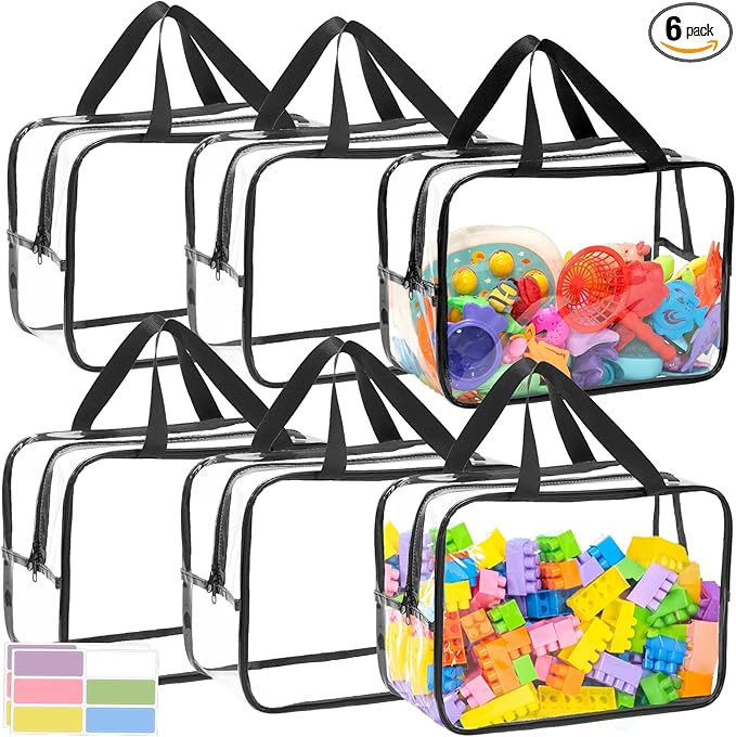 6 Packs Extra Large Toy Storage Bags,12.6 * 9.25 * 6.9 IN Clear Waterproof Toy Organizer Bags with Labels, Dual Zippers and Portable Handheld Design, Board Game Storage for Building Blocks, Puzzle