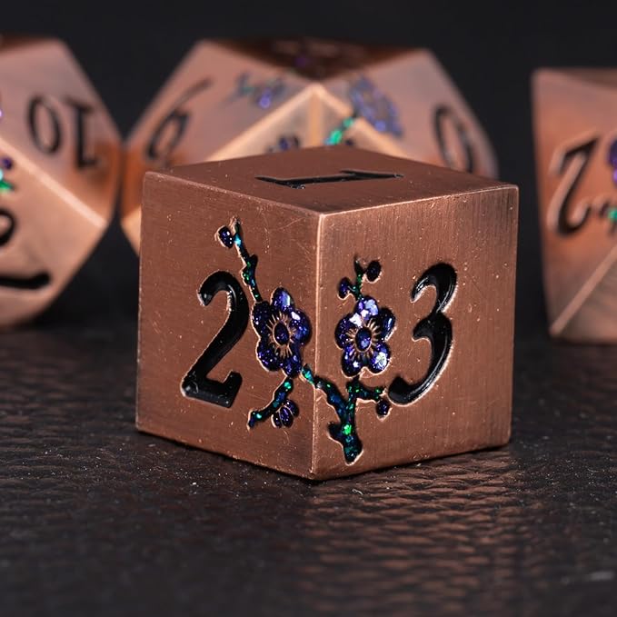 Metal DND Dice Set, Dungeons and Dragons Metallic Flower Dice with Gift Case, Polyhedral Dice Sets for Tabletop Games (Antique Red Copper - Purple)