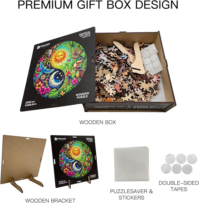 Wooden Puzzle for Adults – Tropiacl Yin-Yang Shaped Jigsaw, Unique Brain Teaser for Kid & Teen, 220 Pieces, 10"x10", Ships as Whole Puzzle Board (No Loose Pieces), Gift-Ready Box, Fun Family Game