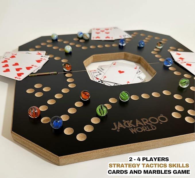 Jackaroo Board Game - 2-4 Player Cards and Marbles Board Games - Marble Strategy Game - Carbles Game - Marbles and Jokers Board Game Wooden Wahoo Game Board - Dirty marbles wood Strategy Games (Black)