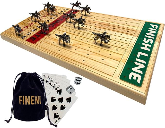 Horse Racing Board Game with Luxurious Durable Metal Horses, 11 Pieces, Black, Real Pine Wood Horseracing Game Board, Dice and Cards