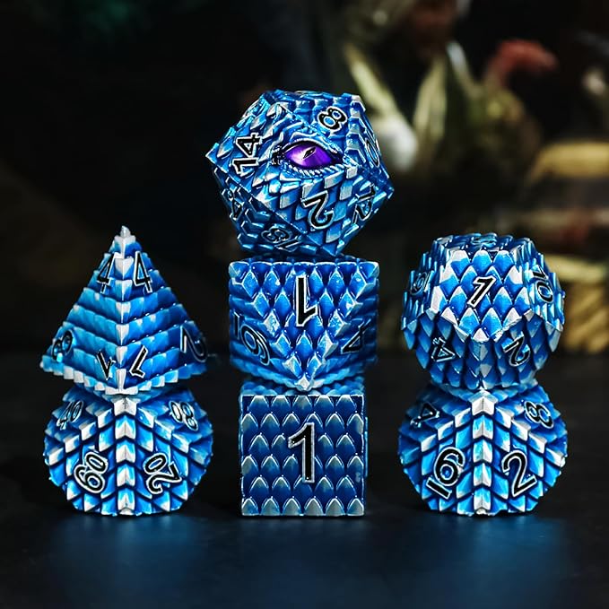 Metal Dice Set D&D,7 PCS Dragon Scale Metallic DND Dice Set,Dragon Eye Metal Dice with Grogeous Gift Case for Dungeons and Dragon Tabletop Game (Blue Dragon Scale & Purple Eye)