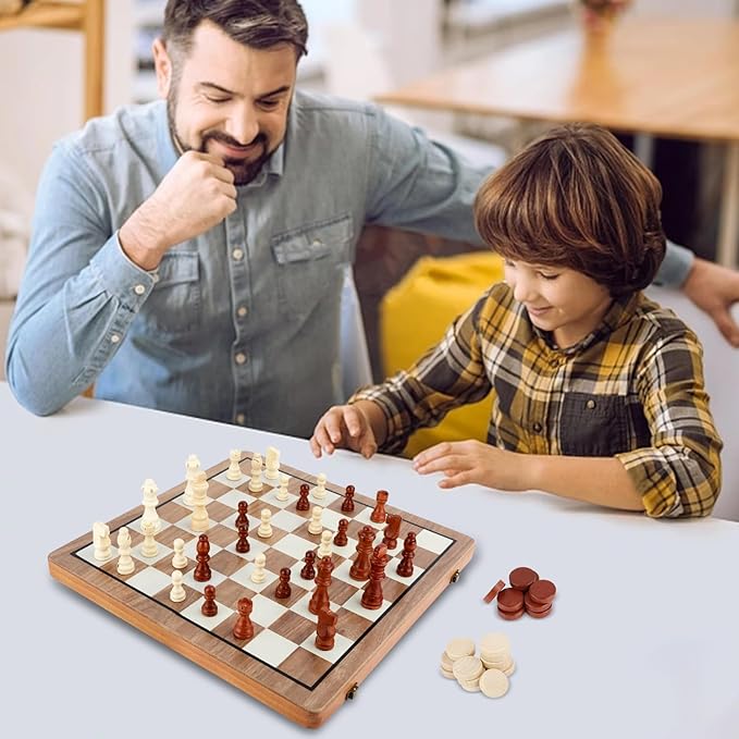 MerryPony Wooden Chess Set for Adults & Kids, 15" Foldable Wooden Chess Board with 2 Extra Queens, 2 in 1 Chess and Checkers Set, Travel Magnetic Chess Game Set, Beginner Chess Set for Kids