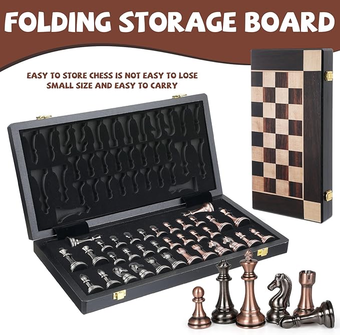 15-Inch Large Metal Chess Set for Adults and Kids with Metal Chess Pieces – Foldable Wooden Board with Storage, Portable Classic Game Set for Travel & Home, Elegant Gift for Chess Enthusiasts