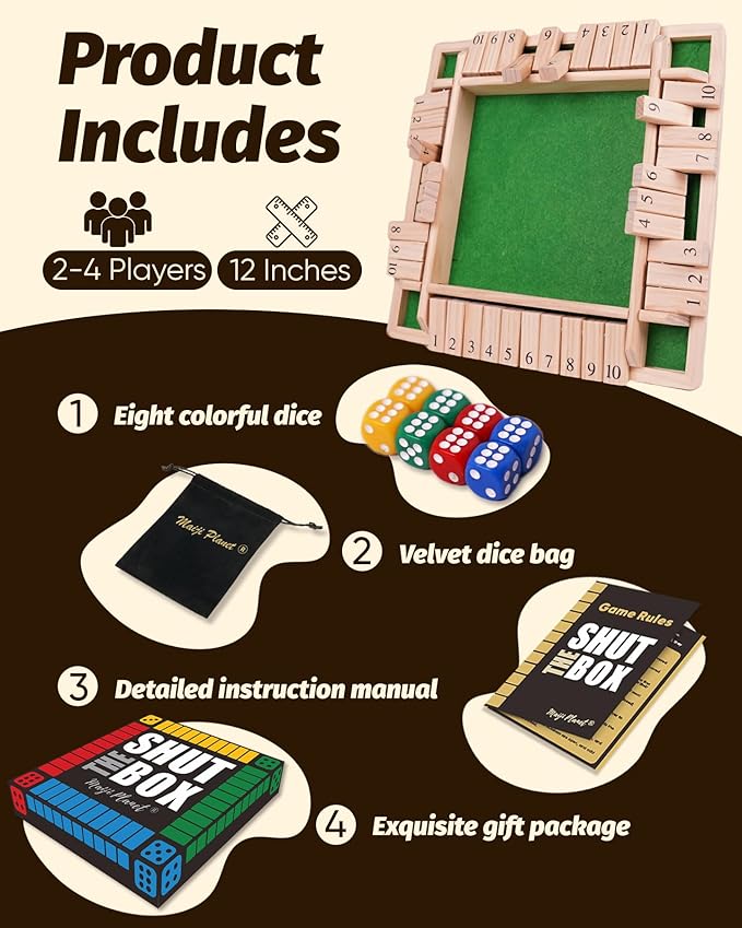 Large Shut The Box for 2 4 Players Math Family Game Night Quick Dice Game for Party Camp Bar Travel Class School Wooden Table Top Board Game for Adults Kids Couple Elder 12" Classic