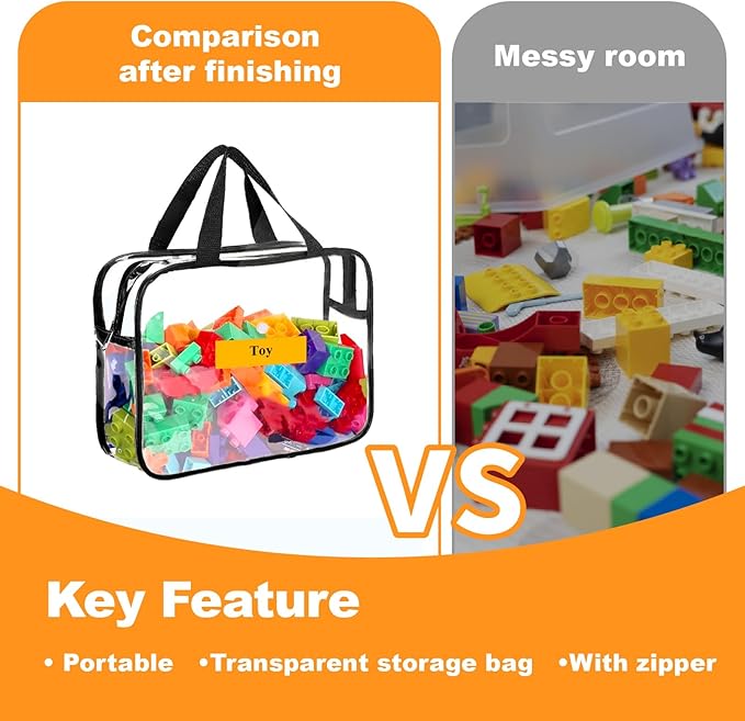 Clear Storage Bag with Zipper - Organizing Bags for Home Travel with Handles - for Building Blocks, Puzzle, Book, Board Game(Black, 6 Packs)