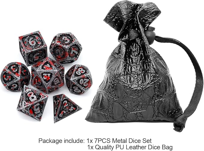 Haxtec Bloodstained Metal DND Dice Set - Antique Iron Blood Metal D&D Dice Set with Dragon Scale and Leather Dice Bag - Polyhedral Dice for Dungeons and Dragons TTRPG Gifts