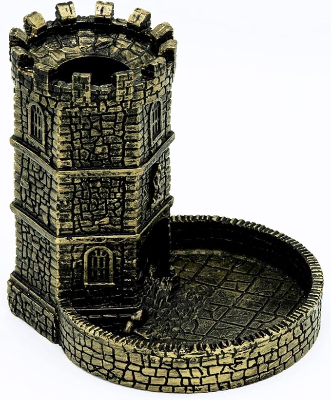 D&D Dice Tower with Tray, Castle Wall Carving DND Dice Rolling Tray for Dungeons and Dragons | Easy Roller Perfect for Board Game, D&D and RPG, (Ancient Golden)