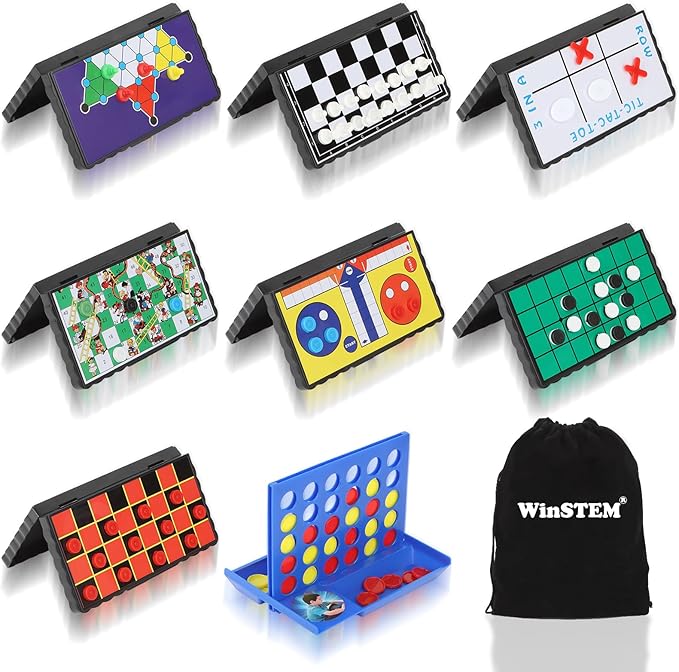 8-in-1 Mini Travel Board Games Set, Magnetic Checkers Game with Folding Magnet Board, 4 in a Row Game, 5.2'' Compact Design Ideal for Family/Road Trip/Travel/Camping Party, Included Storage Bag