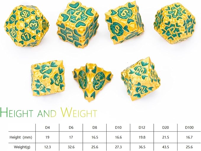 DND Metal Dice 7pcs D&D Dice Set with Beautiful Gift Box Suitable for Dungeons and Dragons MTR PRG Tabletop Games (Gold-Green)