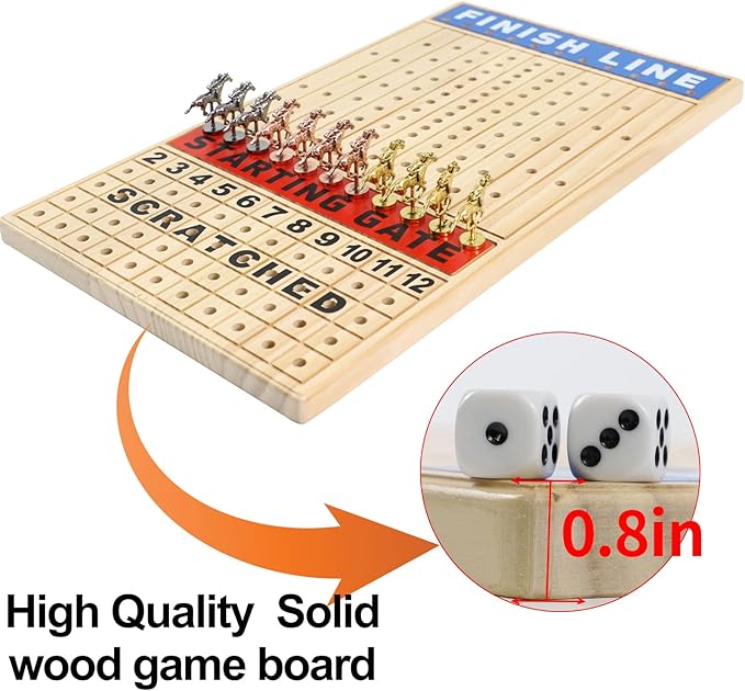 Large 21 inches Horse Racing Board Game with 11 Luxury Metal Horses Thickened Wood Game Chessboard Including Dice and Cards Finish LINE Race Game Board