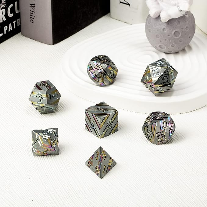 DNDND Rainbow Stripe DND Metal Dice Set,7 PCS Zinc Alloy with Gift Case for Dungeons and Dragons D&D (Rainbow)