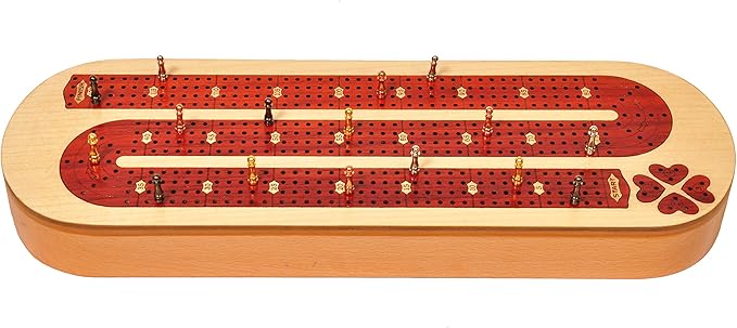 PALM ROYAL HANDICRAFTS 4 Track Wooden Cribbage Board Set Inlaid in Blood Wood and Maple Wood with pegs and Cards Storage Available. 4 Player Cribbage Board Game (15 x 5 Inches)