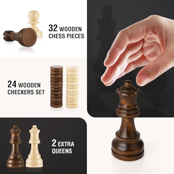 Chess Set 15'' Chess Board Wooden Magnetic Folding Chess Board Set for Adults & Kids Checkers Game for Kids Portable Travel Chess Game for Beginner 2 Extra Queens (Walnut Color)
