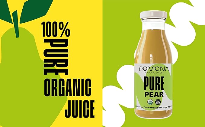 Pomona Organic Pear Juice, Cold Pressed USDA Organic Juices, Pears And Lemon Juice, No Added Sugar, Not From Concentrate, Vegan, Kosher, Non GMO, Pasteurized, 8.4 Oz Glass Bottles