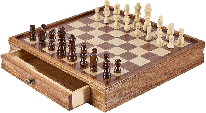 VEVOR Solid Wood Chess Set, 15 inch 2-in-1 Chess Checkers Game Set, Chess Board Games with Storage Drawer & Weighted Chess Checkers Pieces & 2 Queens, Christmas Crafts Xmas Gift
