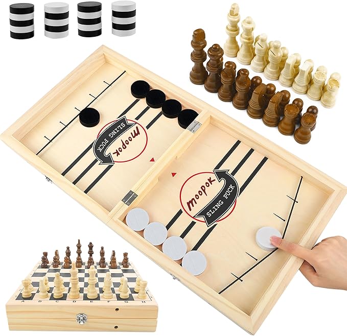 Fast Sling Puck Game - 2 in1 Chess Board and Desktop Battle Super Winner Game,Fast Action Wooden Air Hockey Board Game,Adults and Kids Family Friend Funny Slingshot Game Toys