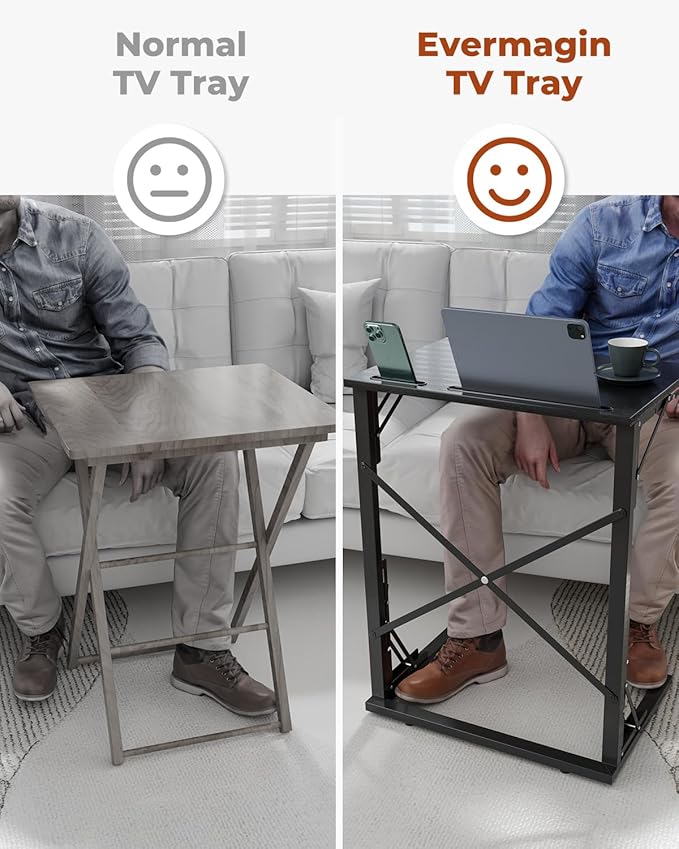 21''Wx28''H Folding TV Tray for Eating, Small Foldable C-Shaped Tray Table with Tablet and Phone Slots, Slide Under Couch Side Table for Recliner, Living Room, Bedroom, Deep Grey