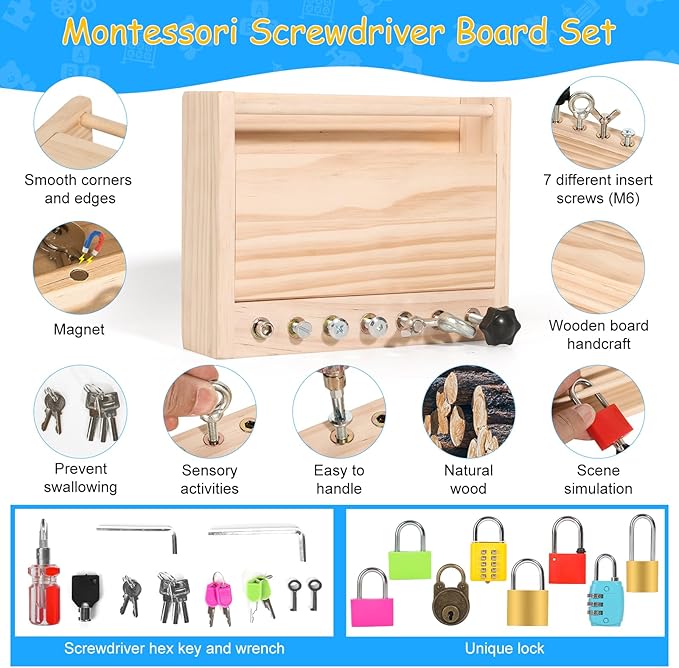 Montessori Toys for 3 4 5 Year Old,Montessori Screwdriver Board Set-Lock and Key Toy,Kids Tool Set,Preschool Learning Sensory - Fine Motor Skills - STEM Toys(8 Locks and Keys)