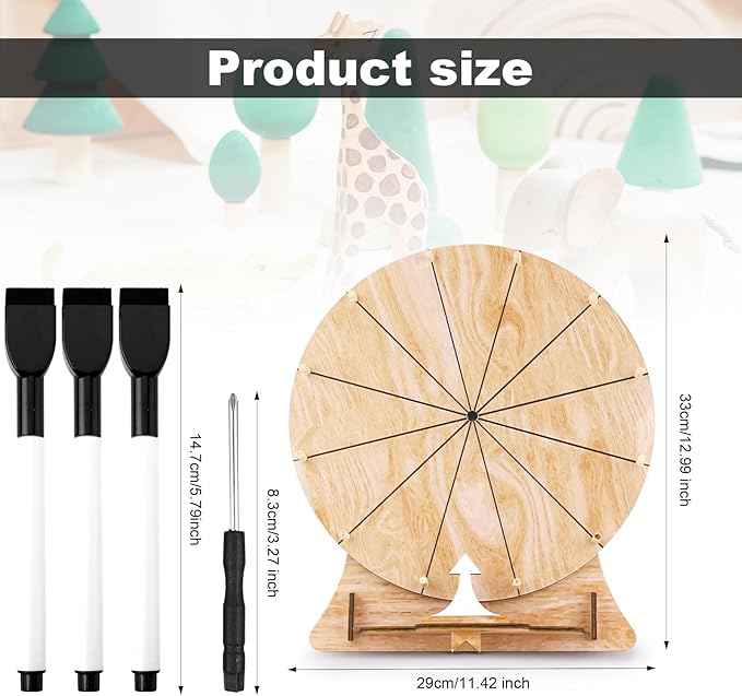11.4 Inch Wood Wedding Game Spinning Wheel, Wooden Prize Wheel Spinner with Stand, Erasable Spin Wheel, Carnival Fortune Game Roulette Wheel, Tabletop Raffle Wheel for Wedding Engagement