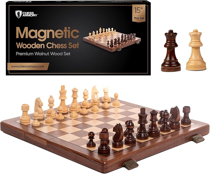 Chess Armory 15 inch Chess Set Magnetic - Premium Wooden Board Game with a Portable Wood Case and Secure Storage for Pieces, Set for Kids and Adults (Walnut Wood)