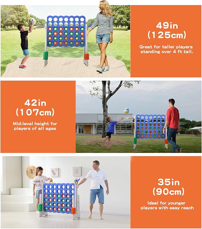 UNICOO® Height Adjustable Jumbo 4-to-Score Game, 4 in A Row Game with Basketball Hoop, Ring Toss, Carrying Bag, Indoor Outdoor Yard Game, Parties & Family Gatherings