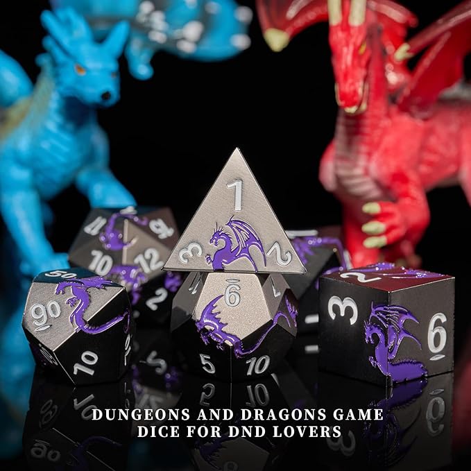 Metal Dice Set D&D, HNCCESG Polyhedral Dice 7 Piece Dice Dragon Metallic DND Dice Set for Dungeons and Dragon RPG Tabletop Game(Black Purple Dragon)