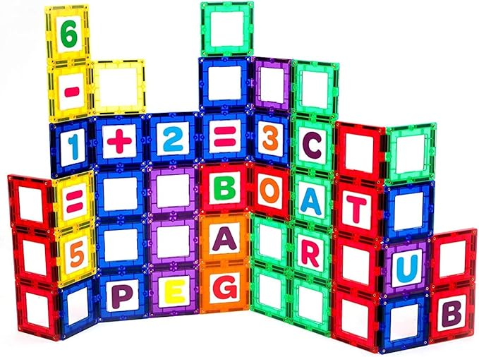 Playmags Magnetic Tile Building Set: Exclusive Educational Clickins – 80-Pc. Kit: 40 Super Strong Clear Color Magnet Tiles Windows & 40 Letters & Numbers – Stimulate Creativity & Brain Development