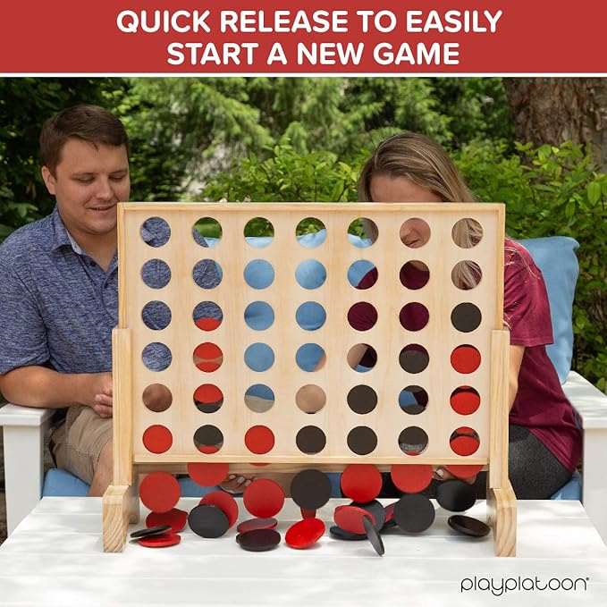 Play Platoon Giant Connect Game Outdoor, Join 4 in a Row with Coins, Case and Rules - Extra Large Yard Games for Adults and Family - Natural Wood