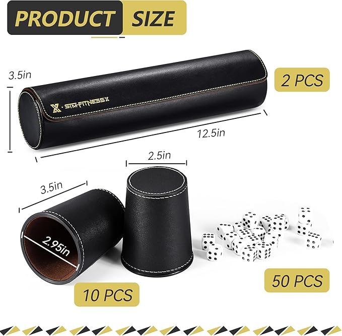 2 Set Leather Dice Cups, 10 Black Dice Cups + 50 Dice +2 Exclusive Storage and Transport Case Made of Faux Leather (Black)