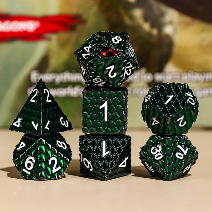 Metal Dice Set D&D,7 PCS Dragon Scale Metallic DND Dice Set,Dragon Eye Metal Dice with Grogeous Gift Case for Dungeons and Dragon Tabletop Game (Dark Green Dragon Scale & Red Eye)