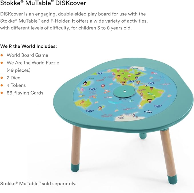 Stokke MuTable DISKcover, We R The World - Double-Sided Play Board - Includes Board Game, Puzzle, 2 Dice, 4 Tokens & 86 Playing Cards - for Ages 3-8