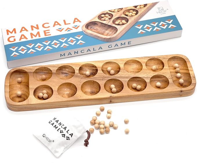 BSIRI Mancala Wooden Board Game - Entertainment for Family, Adults, Teens, Kids. Ideal for Game Night, Drinking. Play with 2 or More People in All Ages